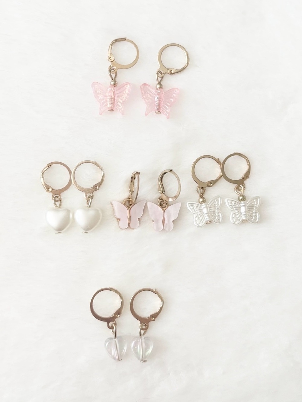 Bundle of Pink and White Butterfly & Heart Dangle Earrings